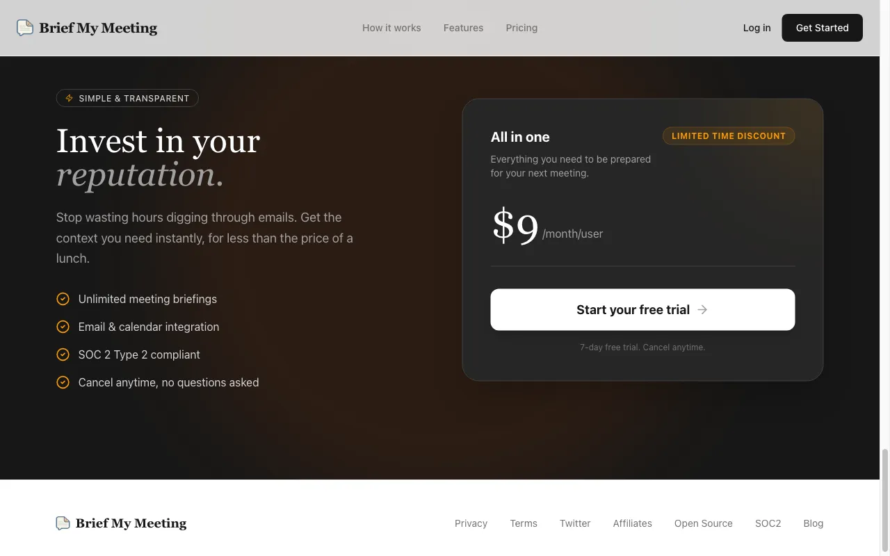 Brief My Meeting — pricing page