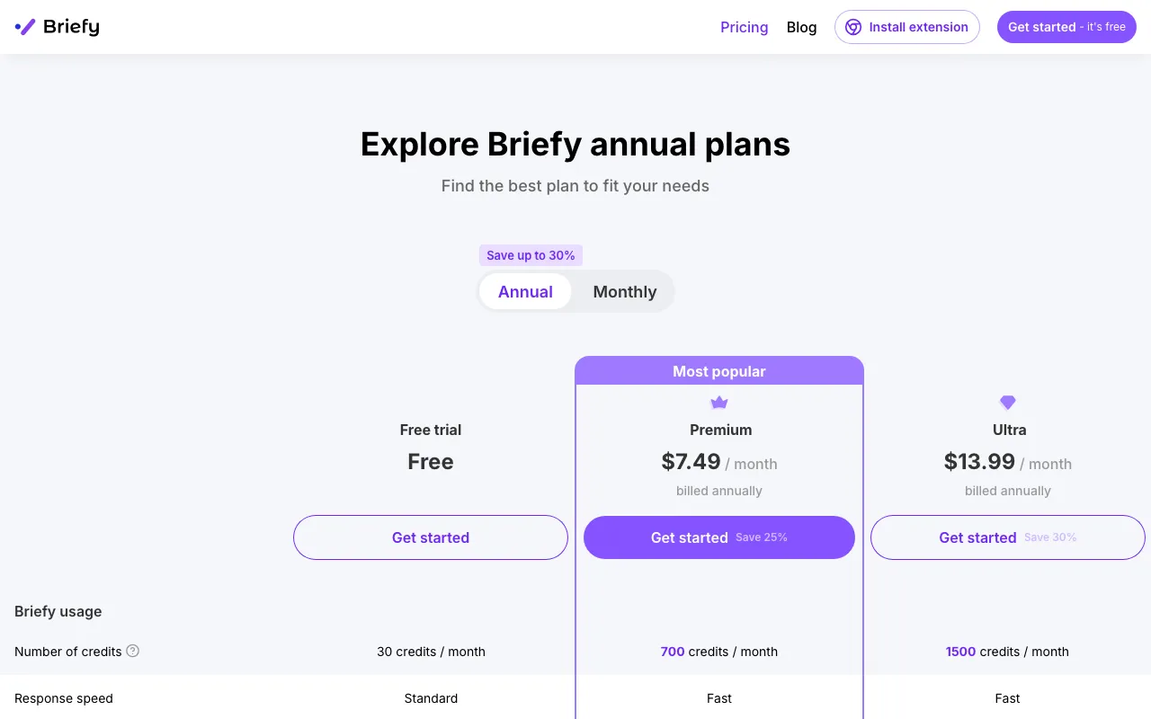Briefy — pricing page