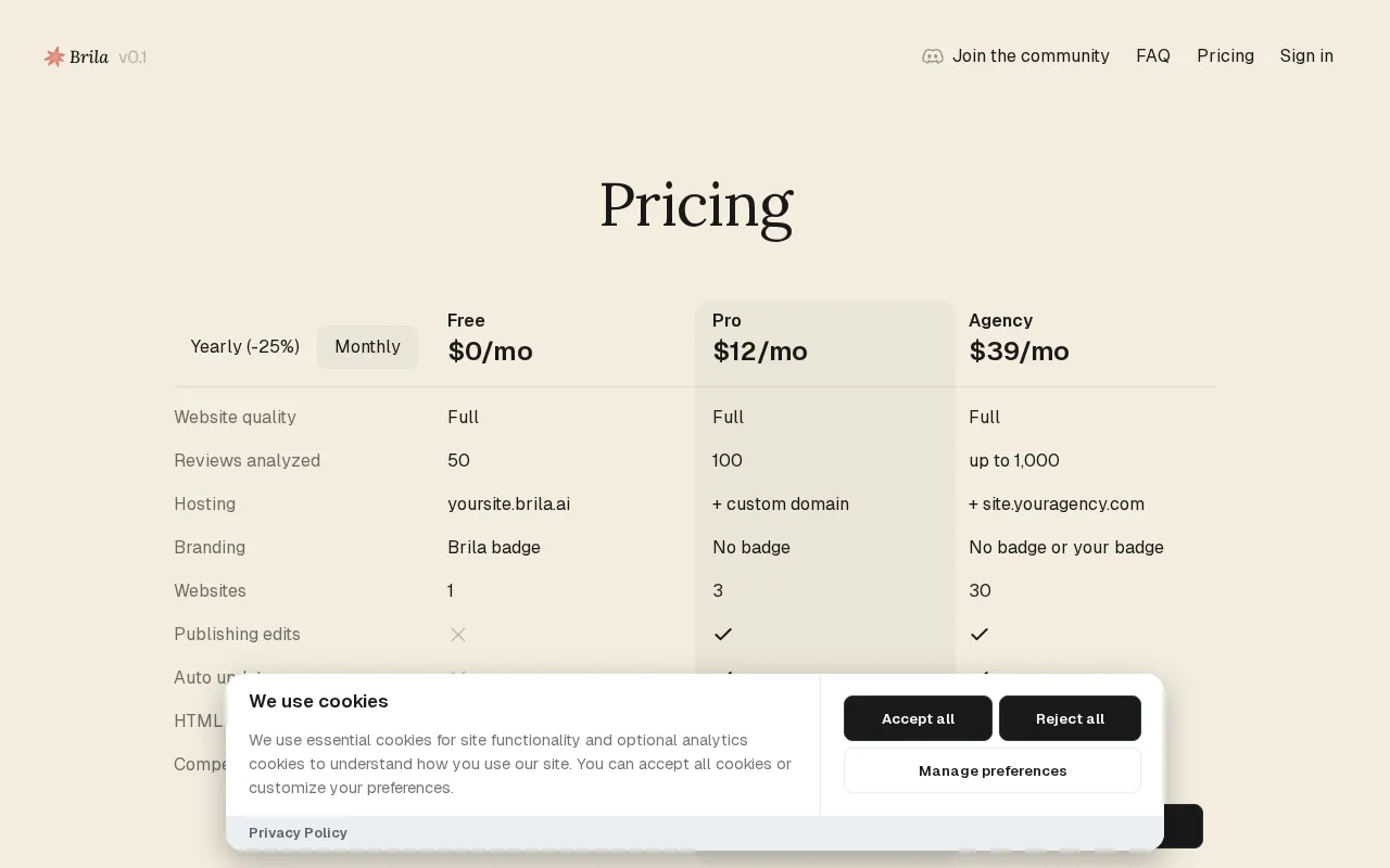 Brila — pricing page