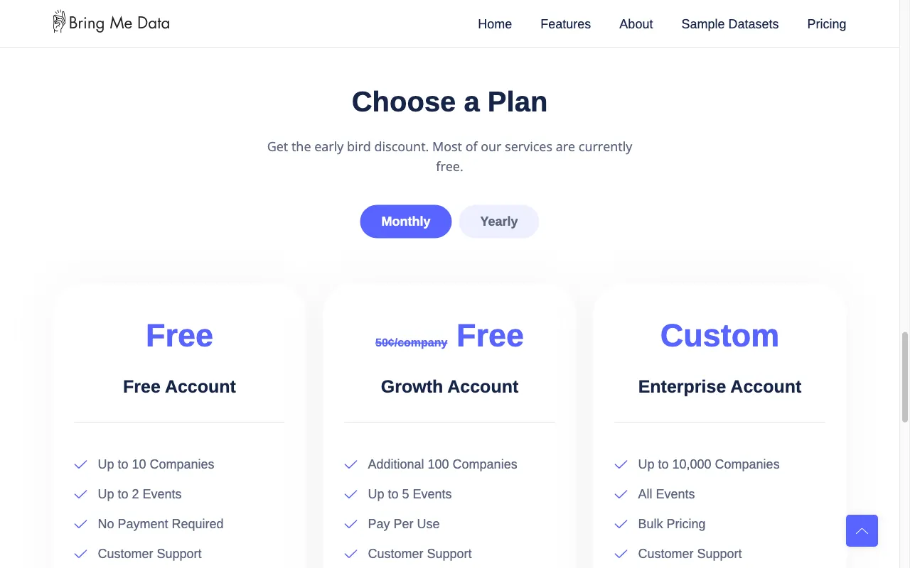 Bring Me Data — pricing page