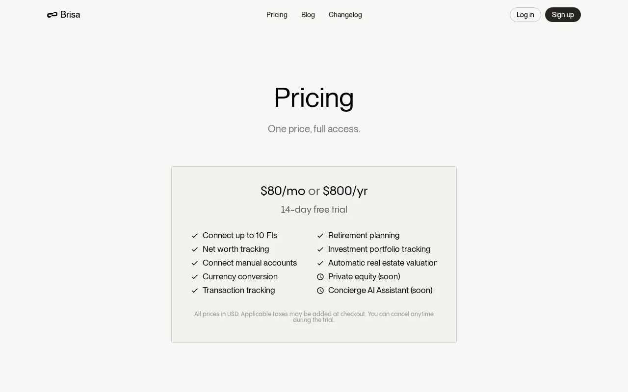 Brisa — pricing page