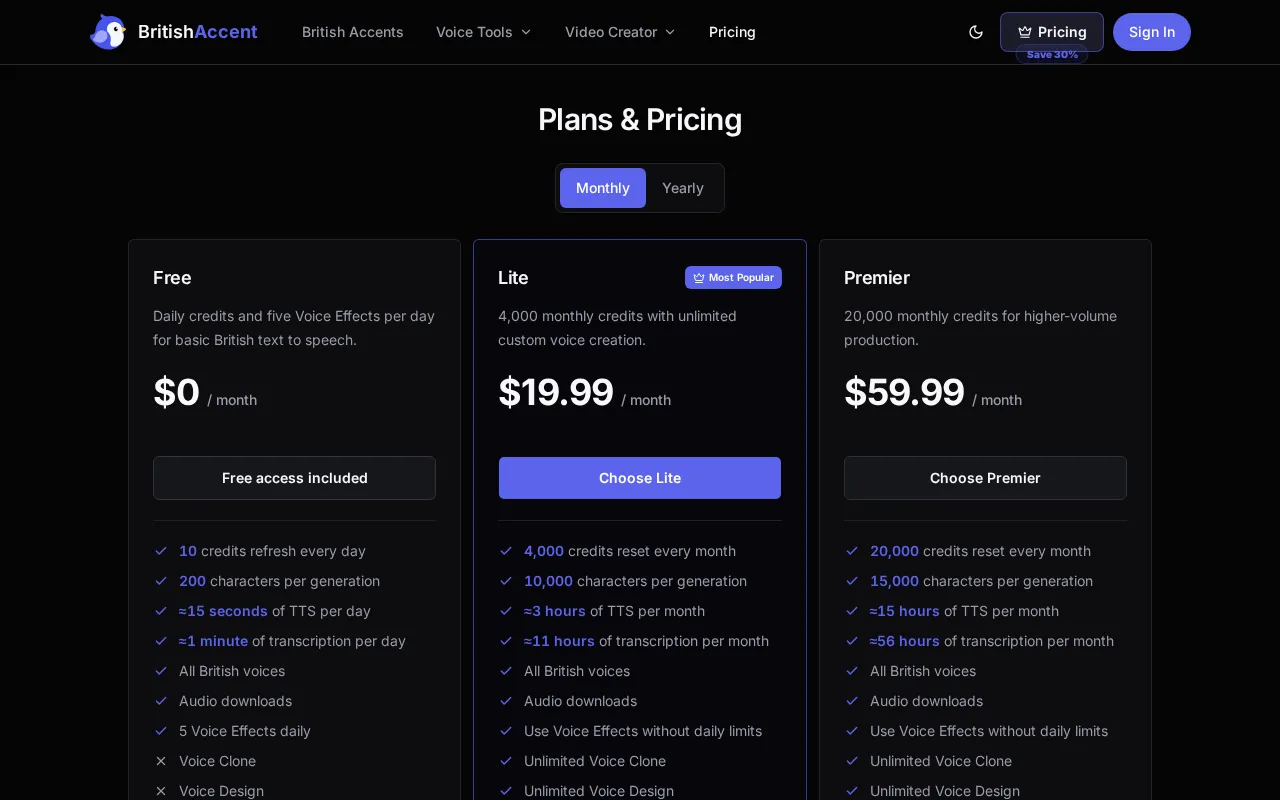British Accent Generator — pricing page