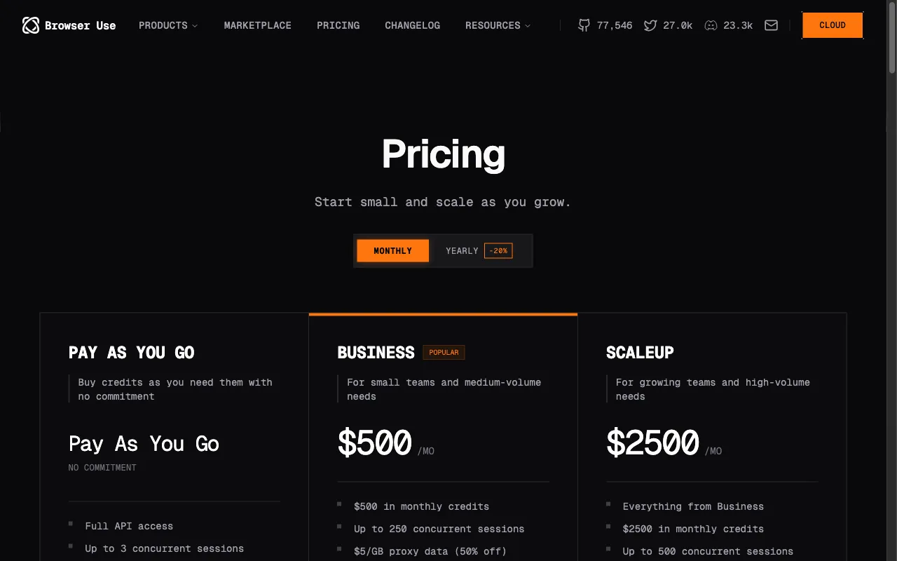 Browser Use — pricing page
