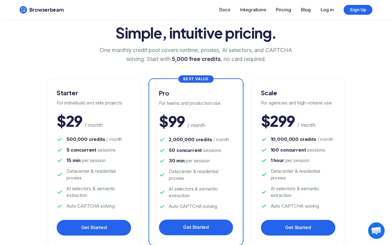 Browserbeam — pricing page