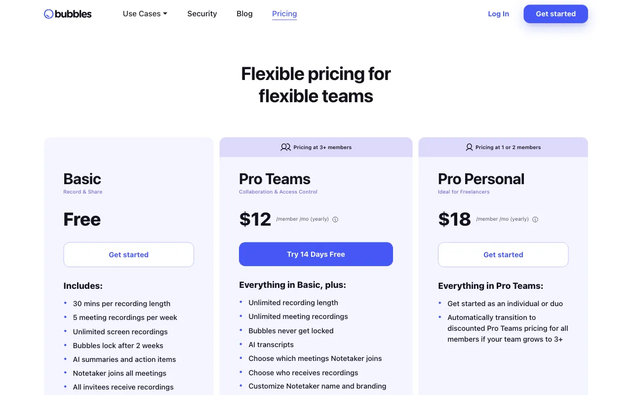 Bubbles — pricing page