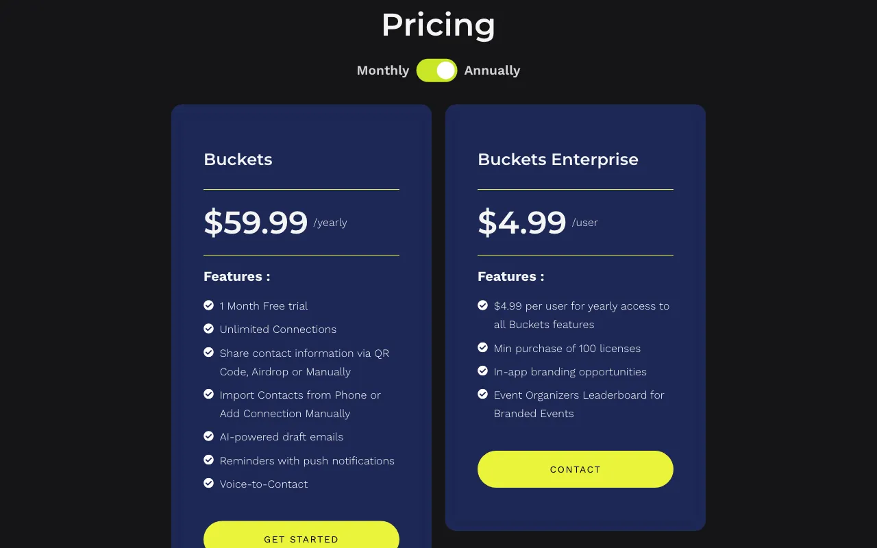Buckets — pricing page