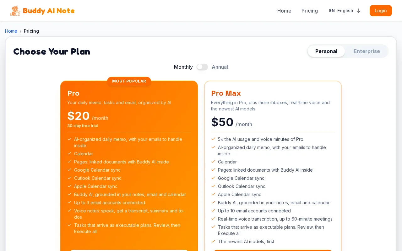 Buddy AI Note — pricing page