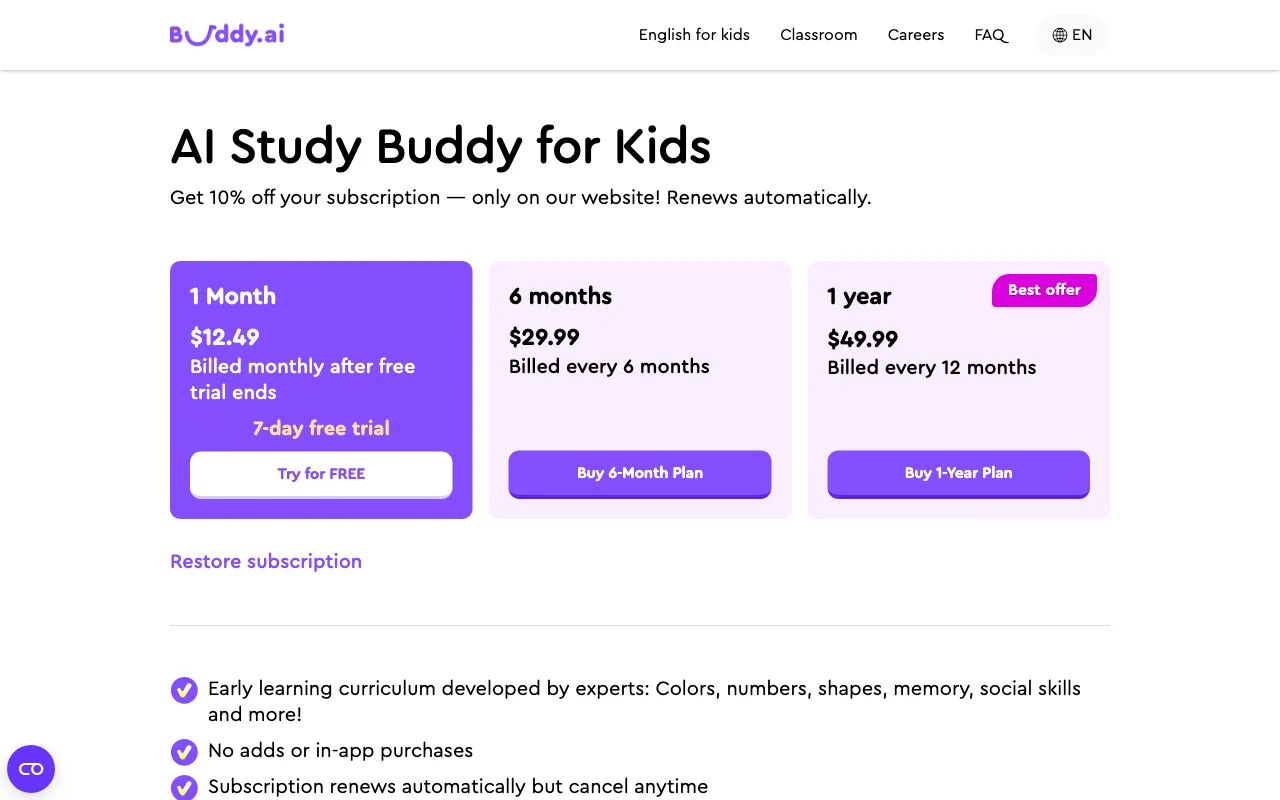Buddy's Curriculum — pricing page