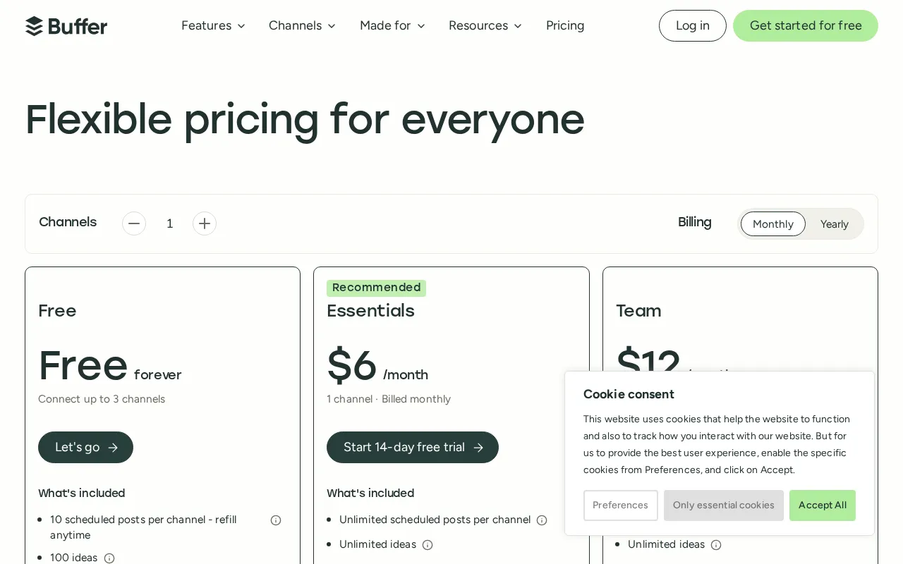 Buffer — pricing page