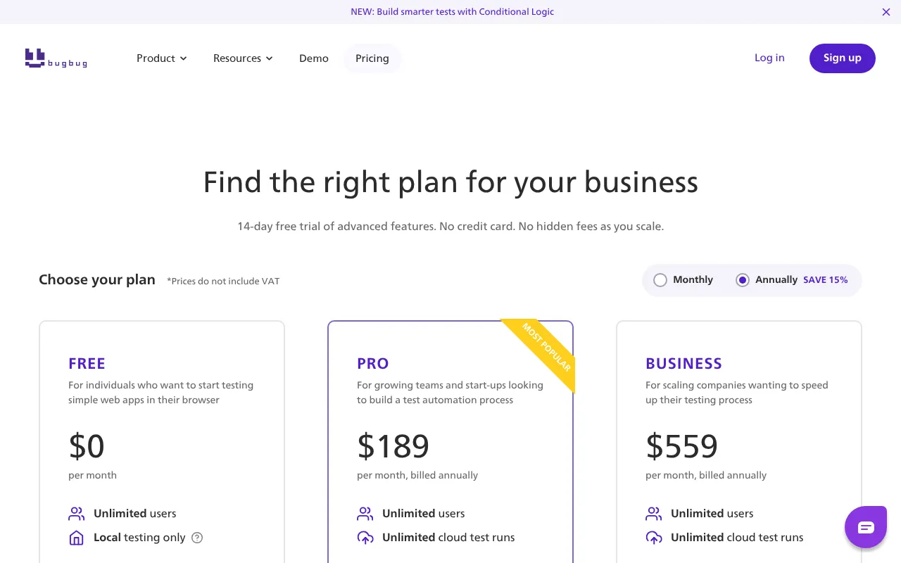 Bugbug — pricing page