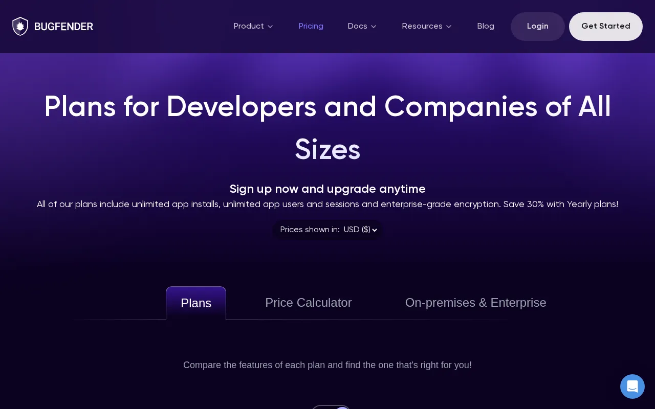 Bugfender — pricing page