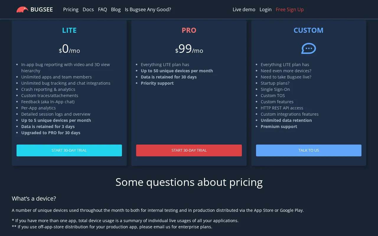 Bugsee — pricing page