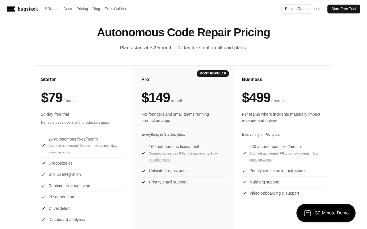 bugstack — pricing page