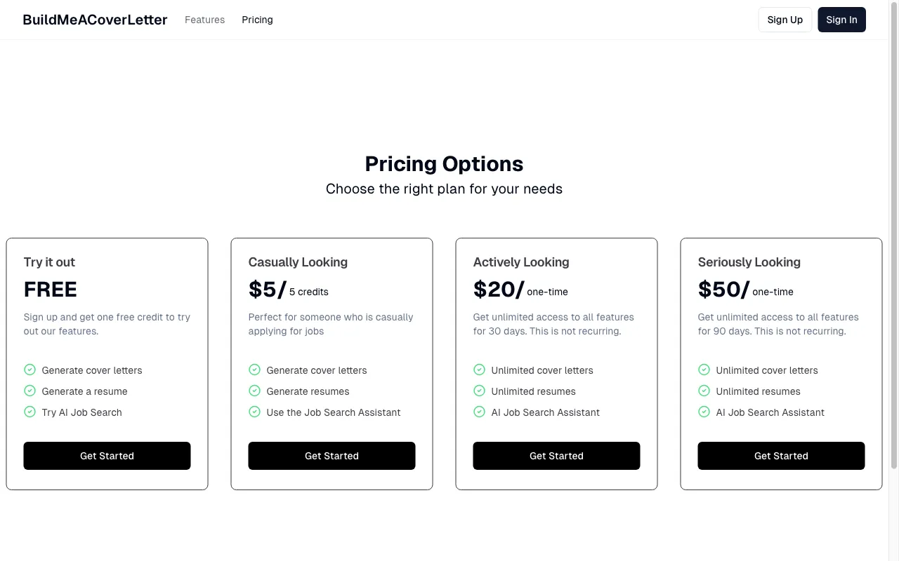 BuildMeACoverLetter — pricing page