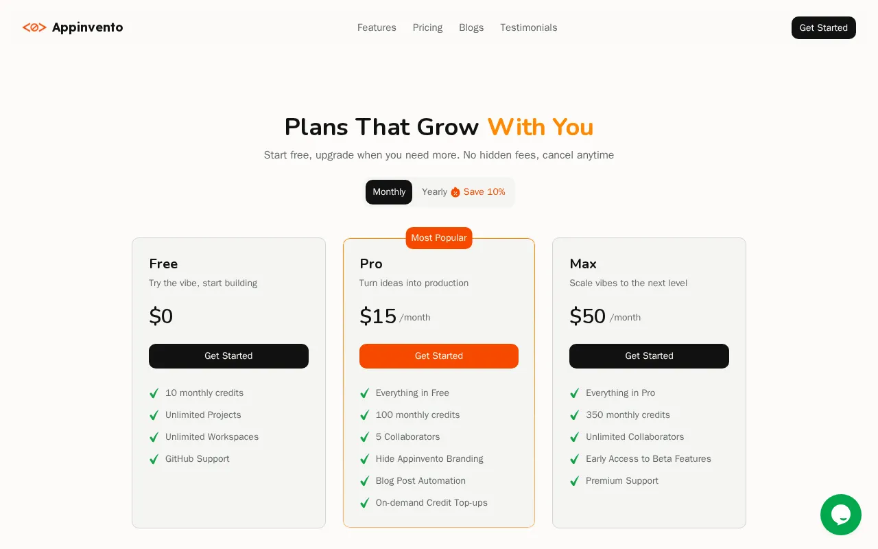 Appinvento — pricing page