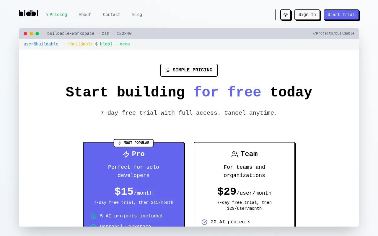 Buildable — pricing page