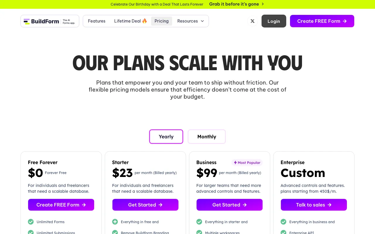 Buildform — pricing page