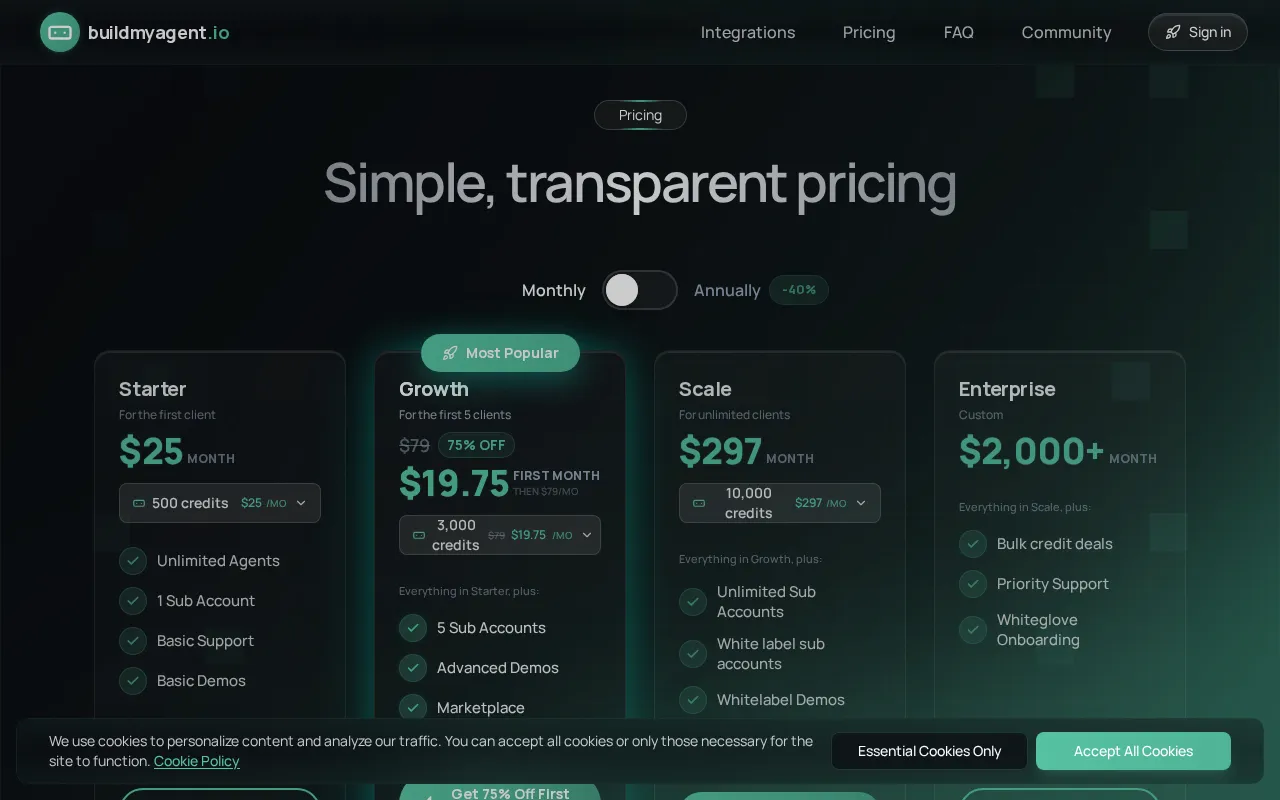 buildmyagent.io — pricing page