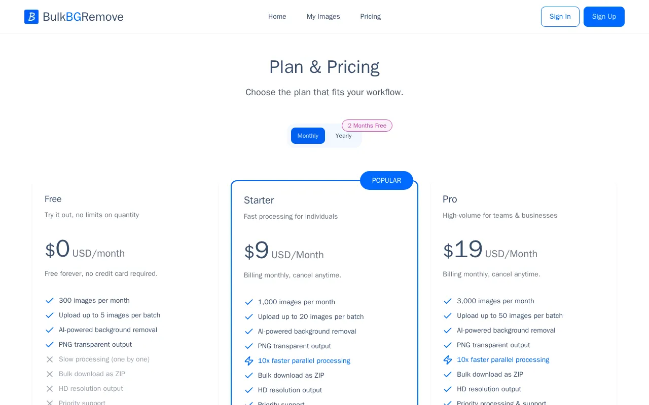 Bulk BG Remove.com — pricing page