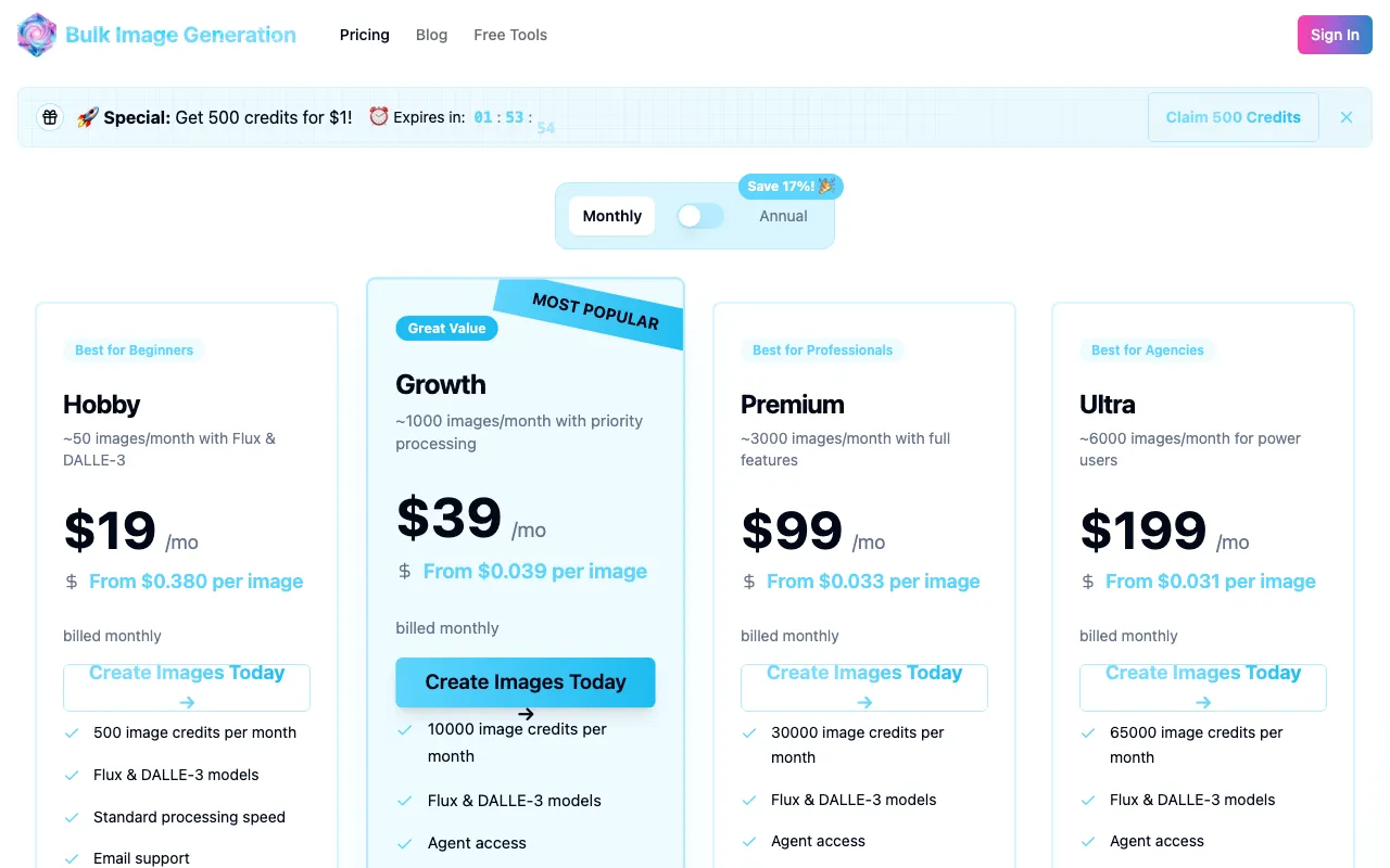 BulkImageGeneration.com — pricing page