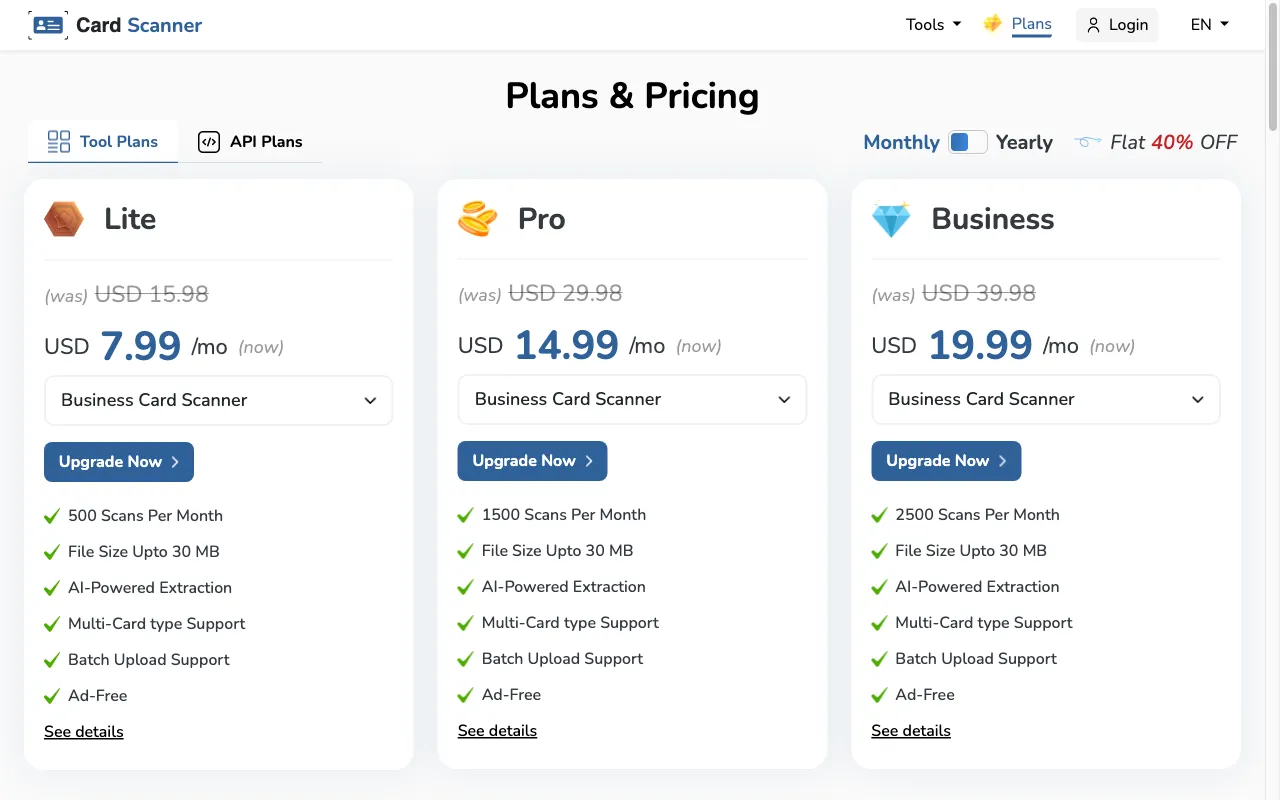 Business Card Scanner — pricing page