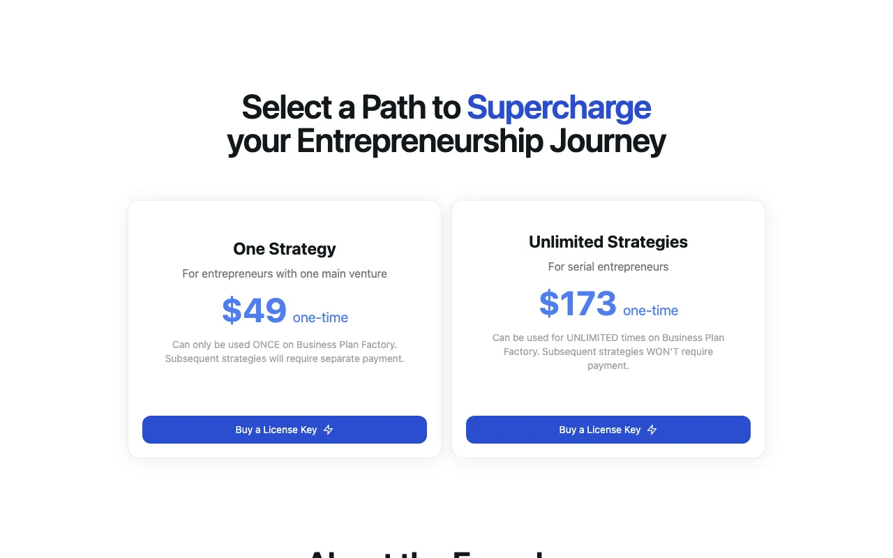 Business Plan Factory — pricing page