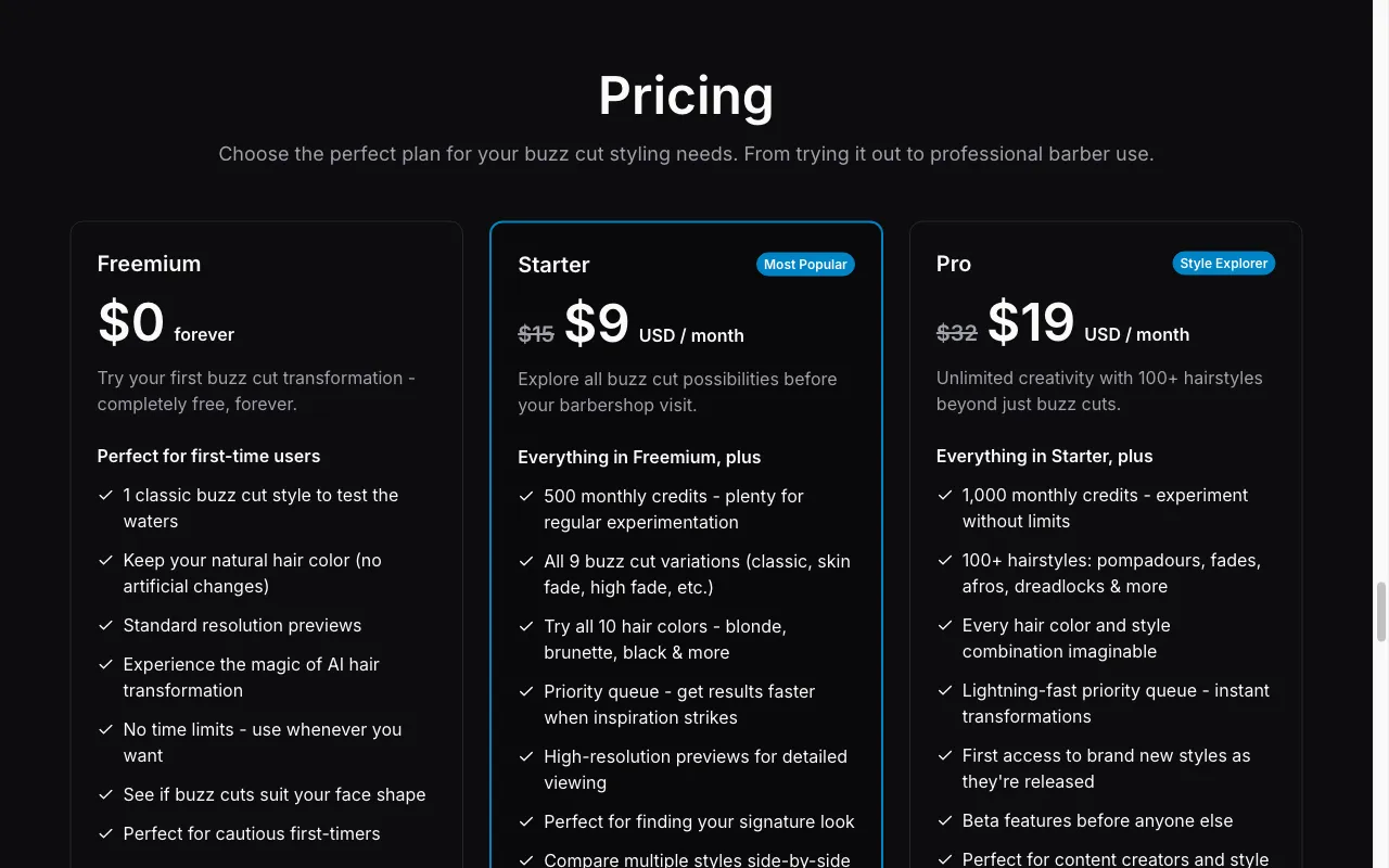 buzzcuts.me free forever hair style generator — pricing page