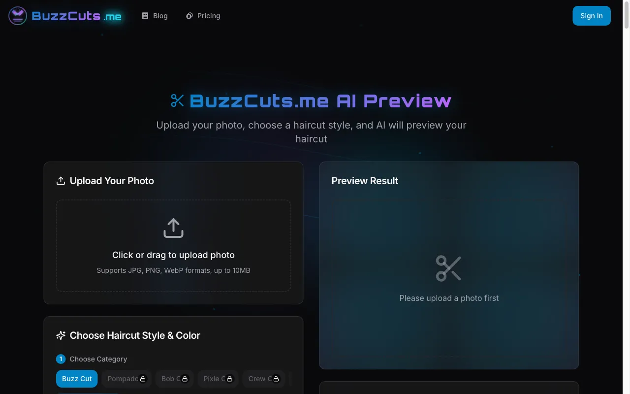 buzzcuts.me free forever hair style generator — preview screenshot