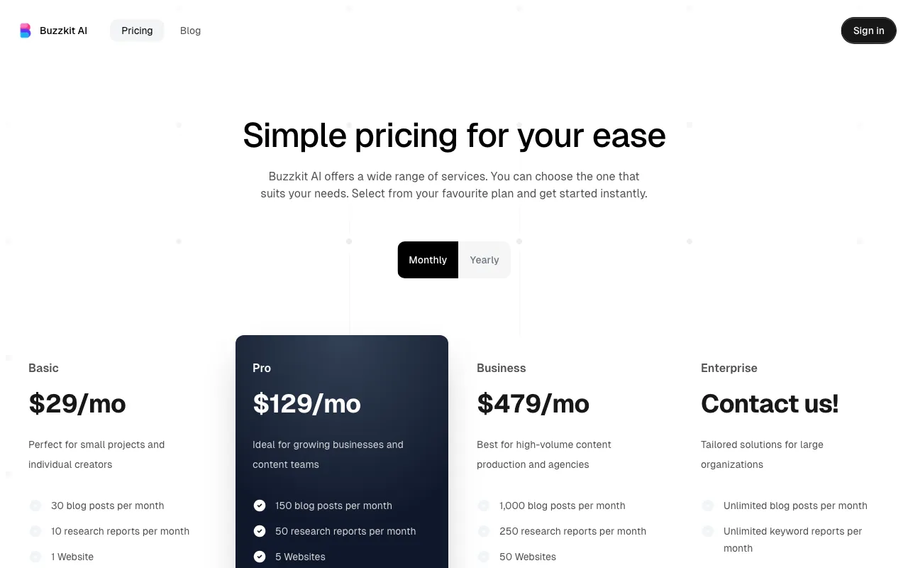 Buzzkit.ai (Beta) — pricing page