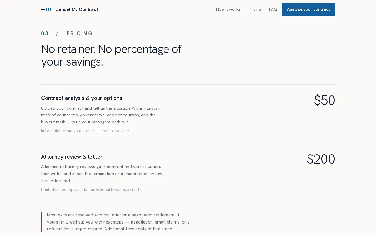 Cancel My Contract — pricing page