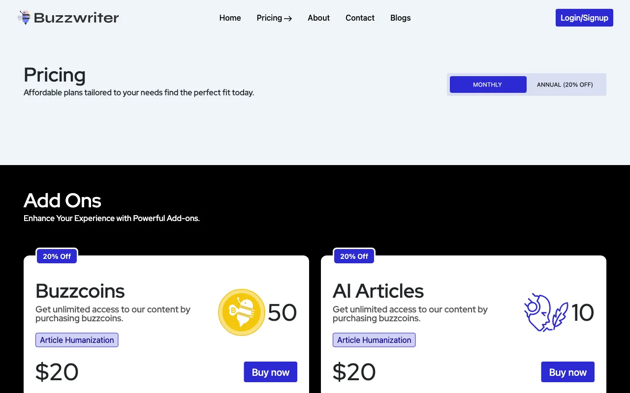 Buzzwriter AI — pricing page