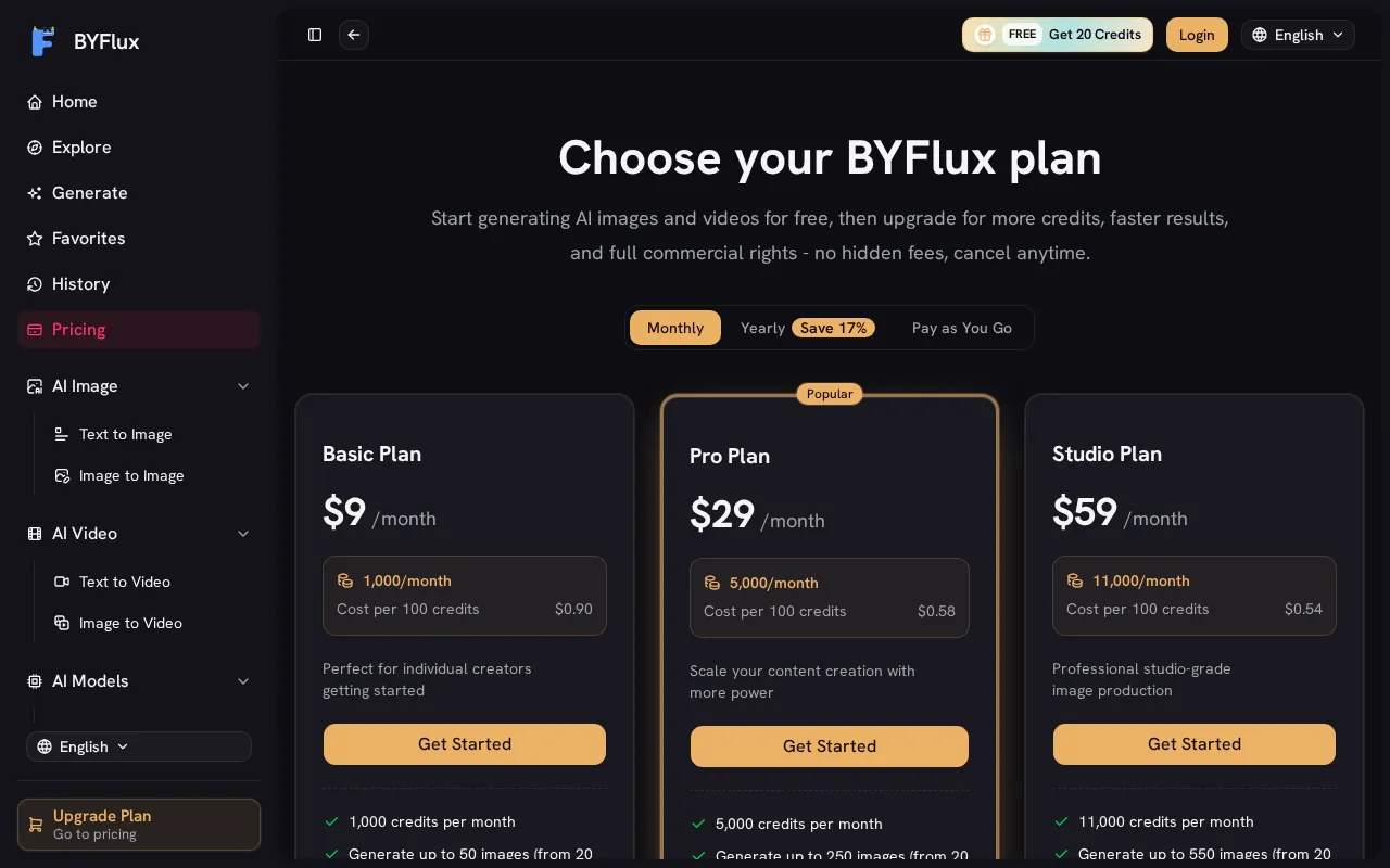 BYFlux — pricing page