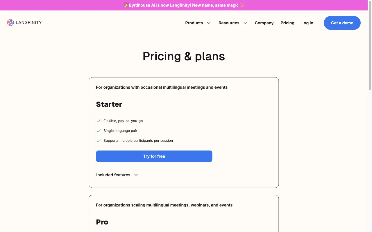 Langfinity — pricing page