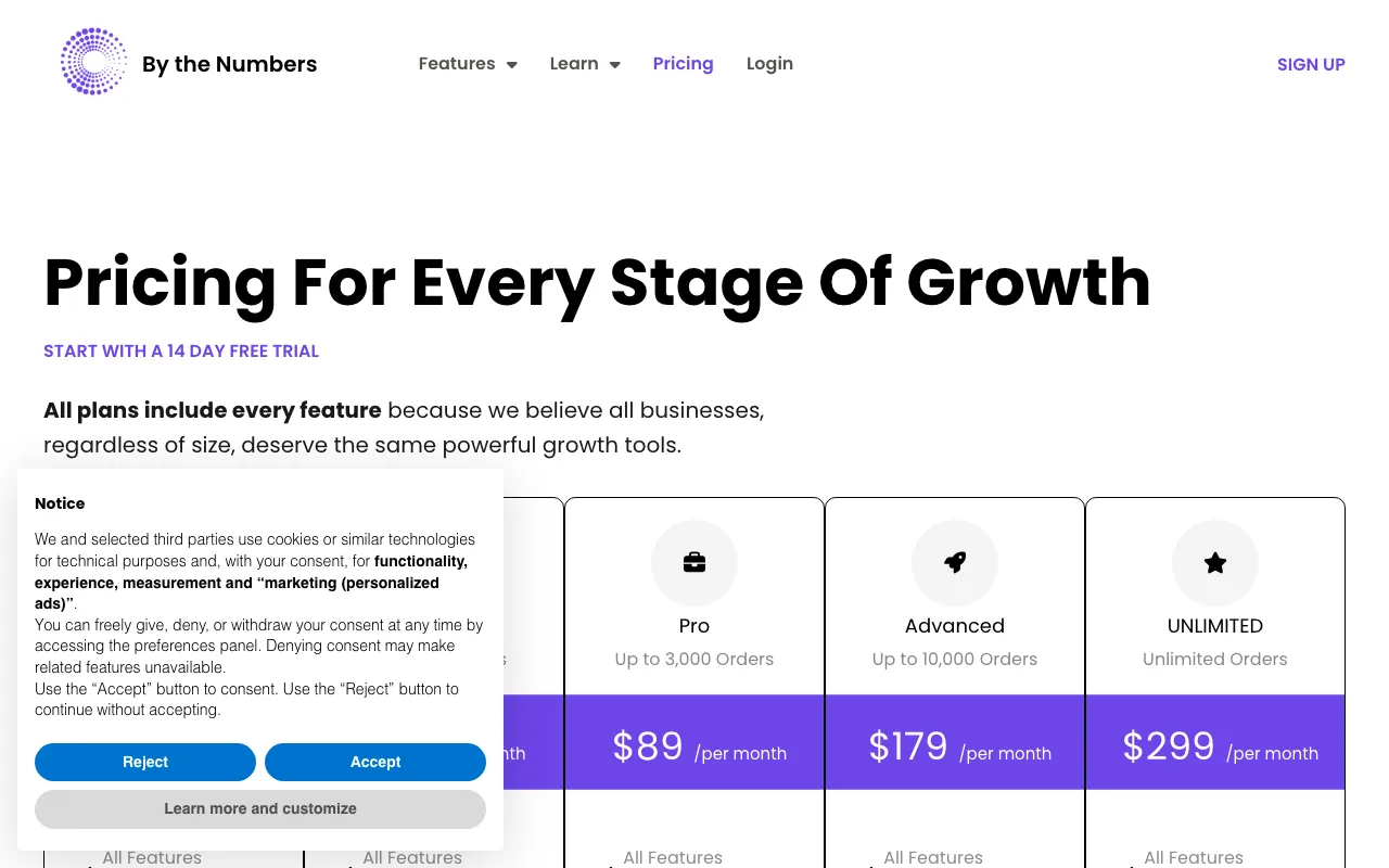 By the Numbers — pricing page