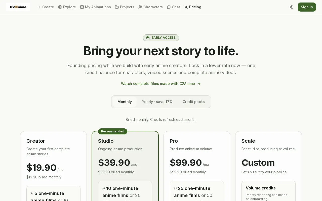 C2Anime — pricing page