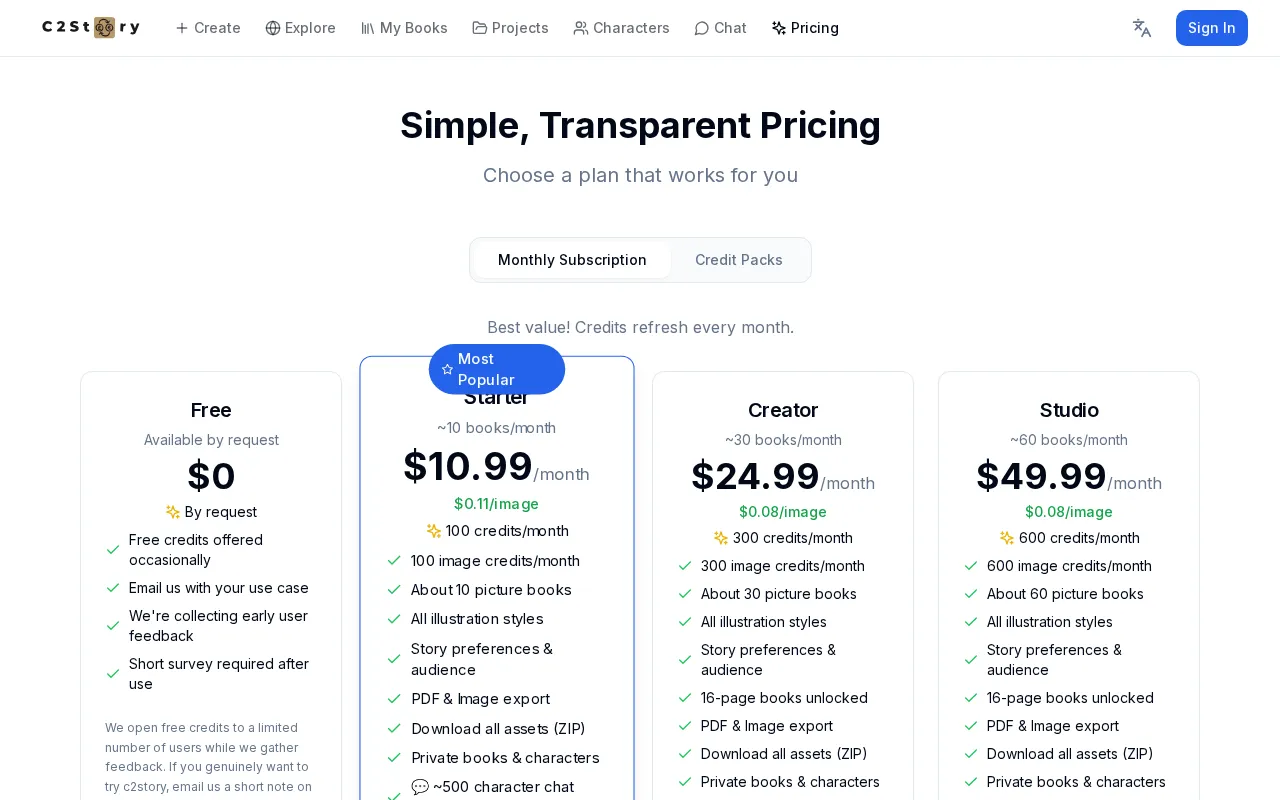C2Story — pricing page