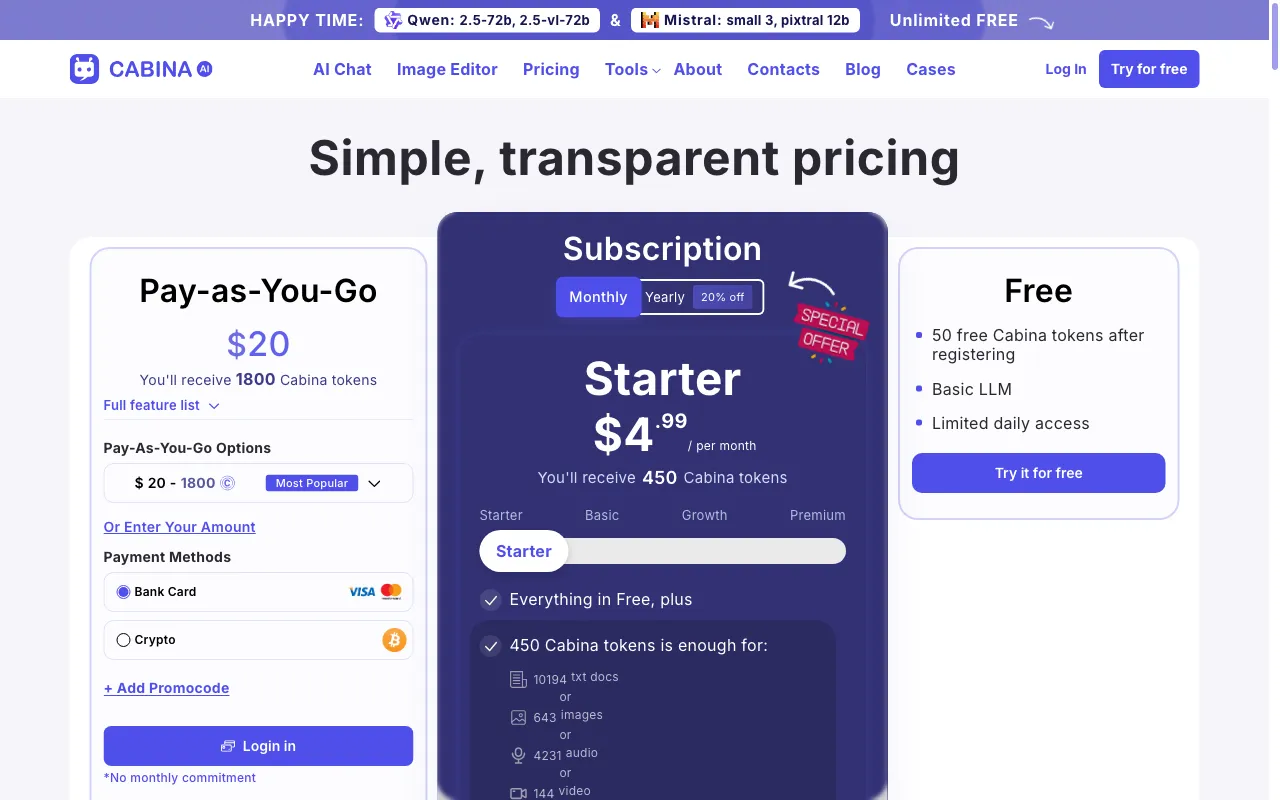 Cabina AI — pricing page