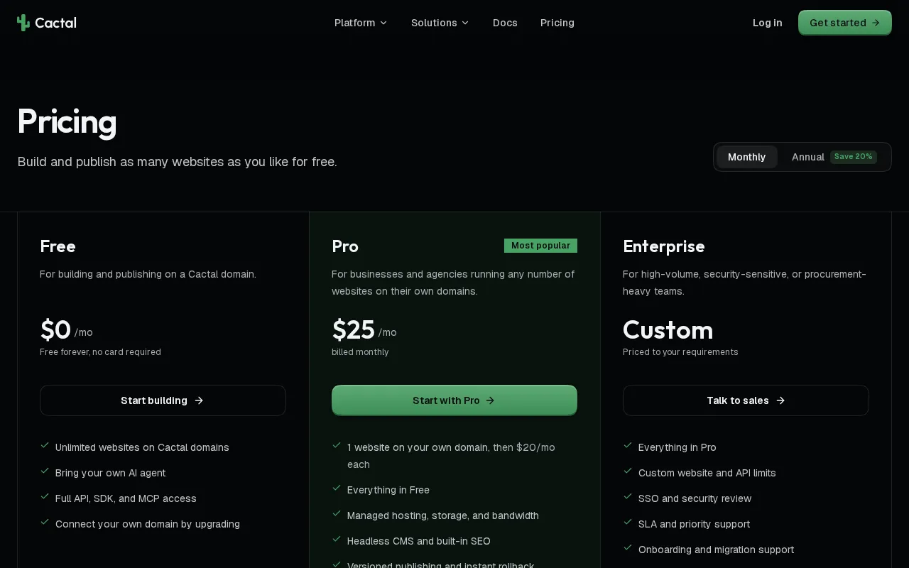 Cactal — pricing page