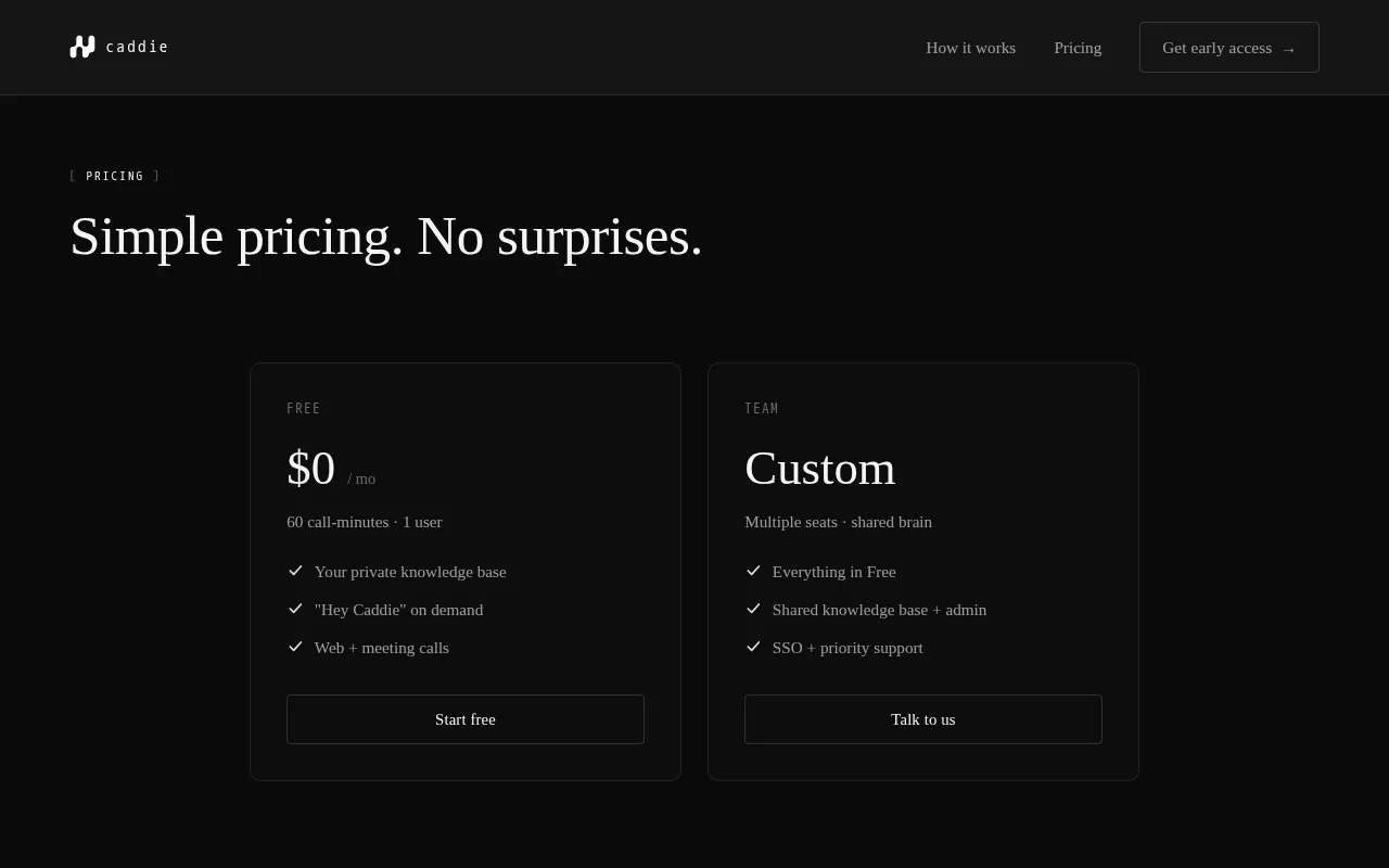Caddie — pricing page