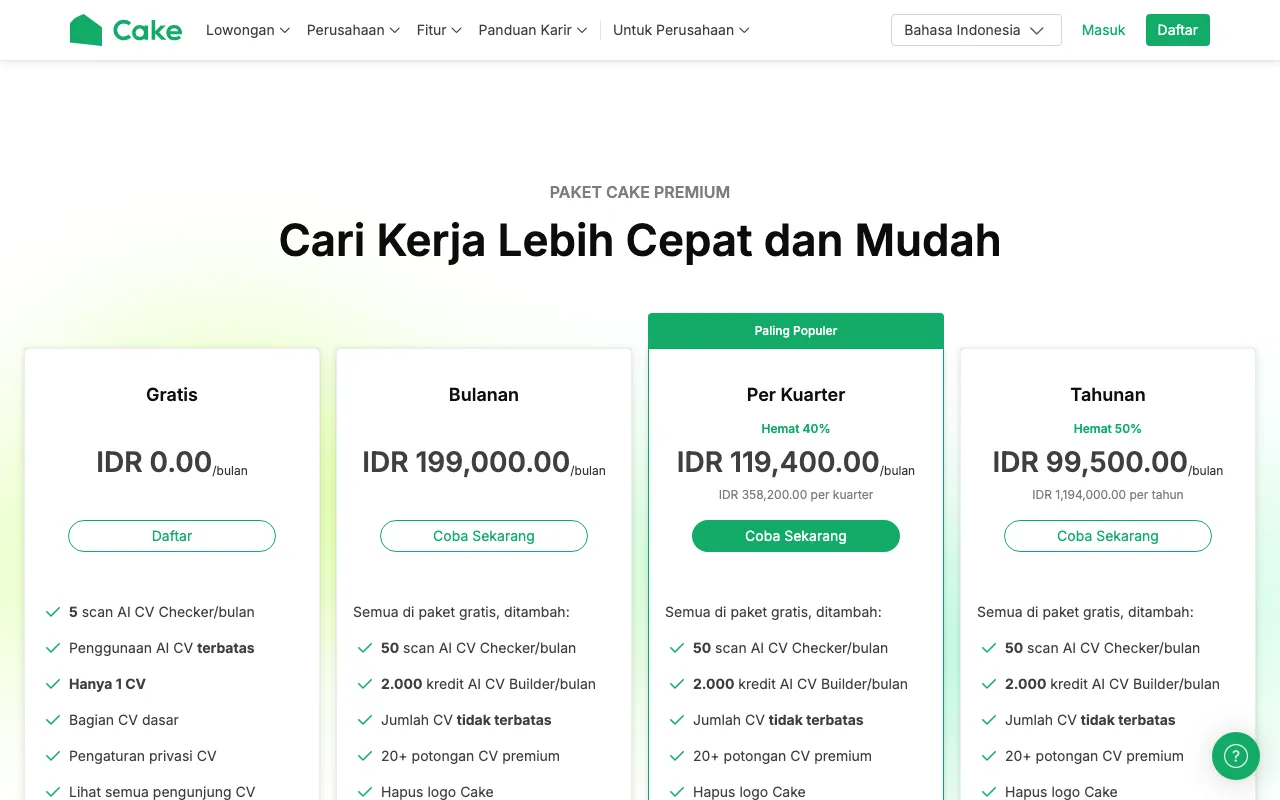 Cake Resume Checker — pricing page
