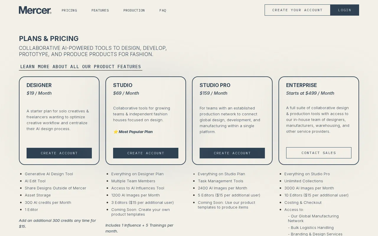 Mercer — pricing page