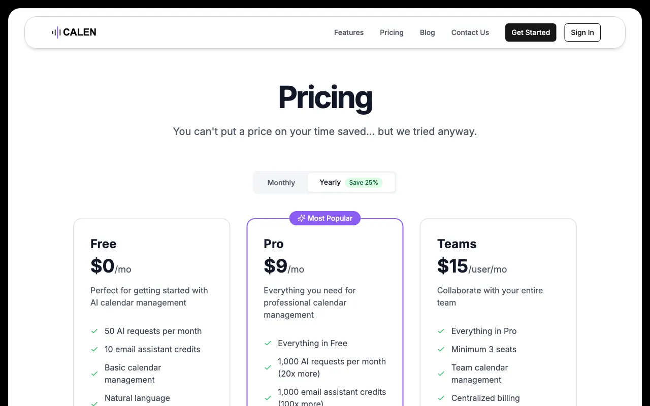 CalenAI — pricing page