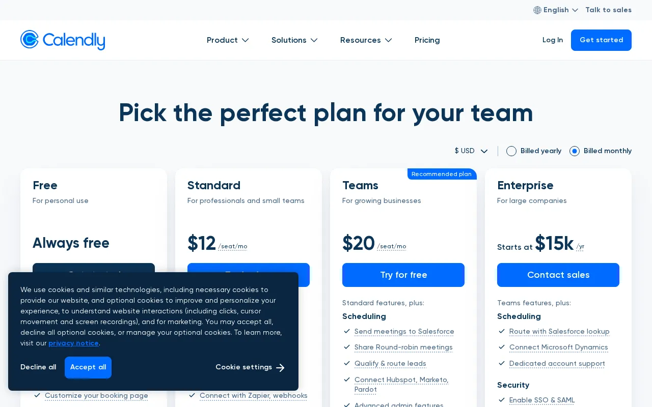 Calendly — pricing page