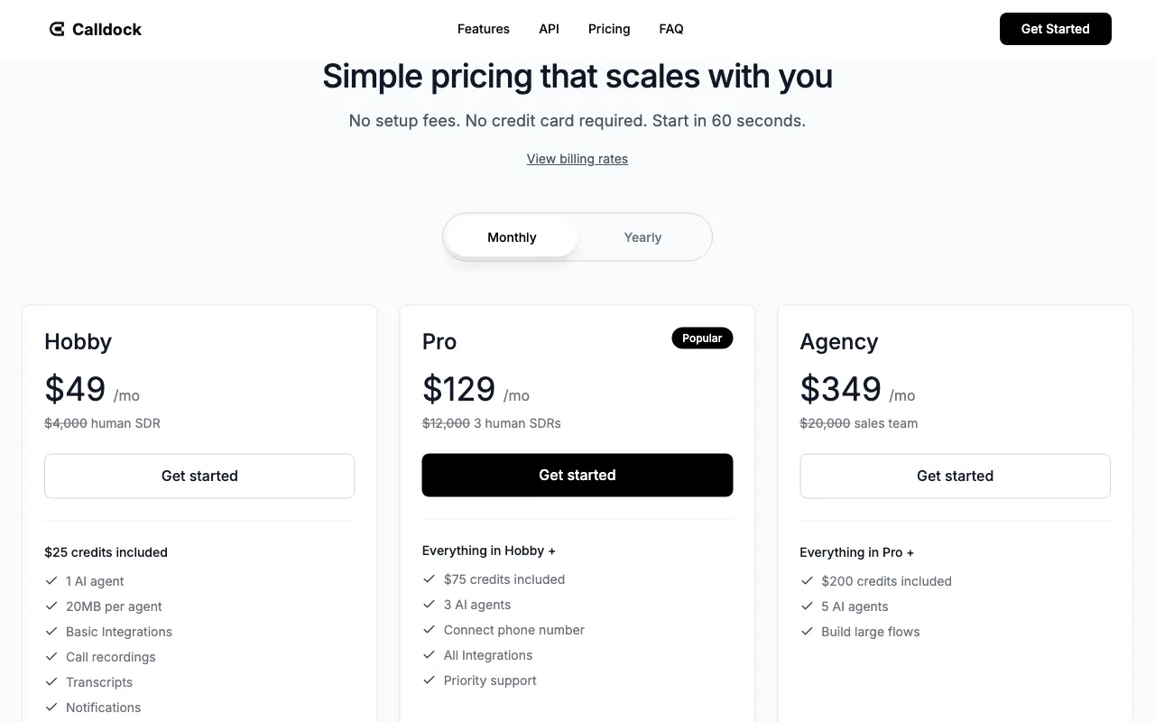 Calldock — pricing page