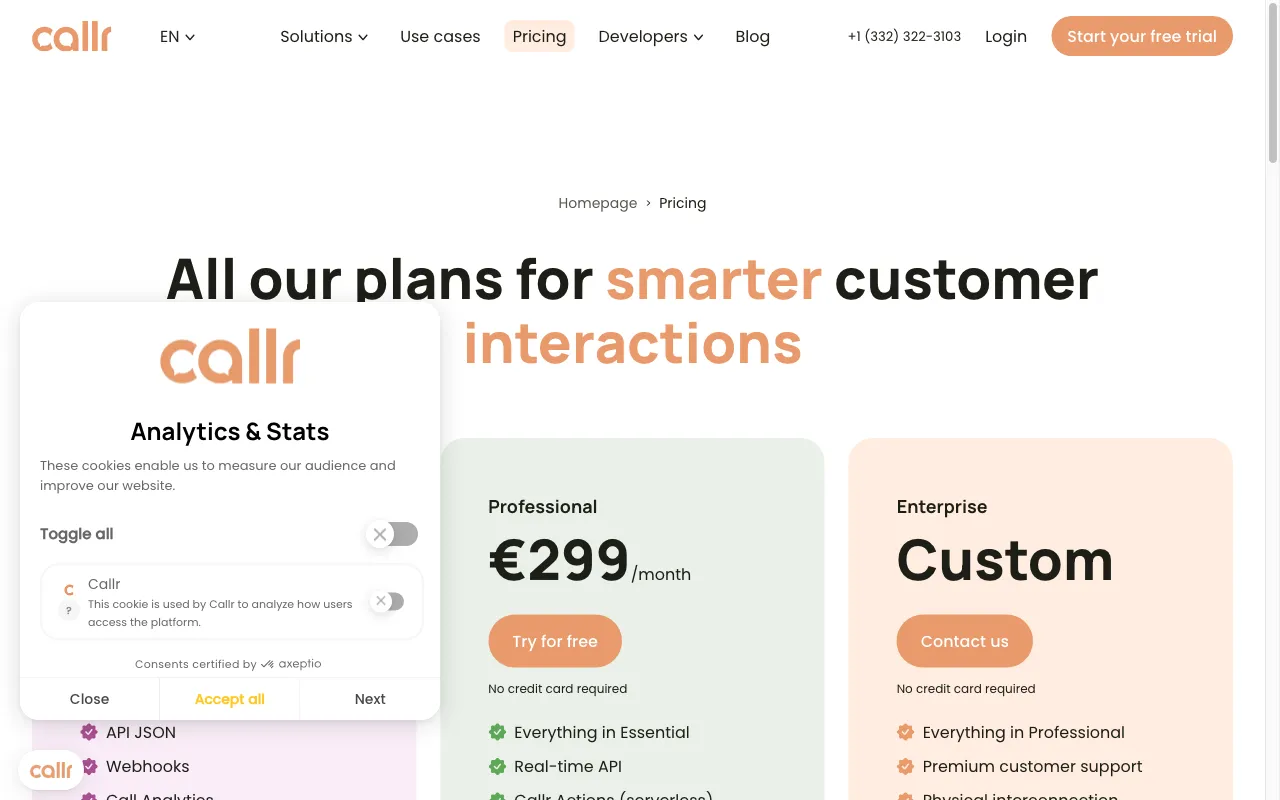 Callr — pricing page