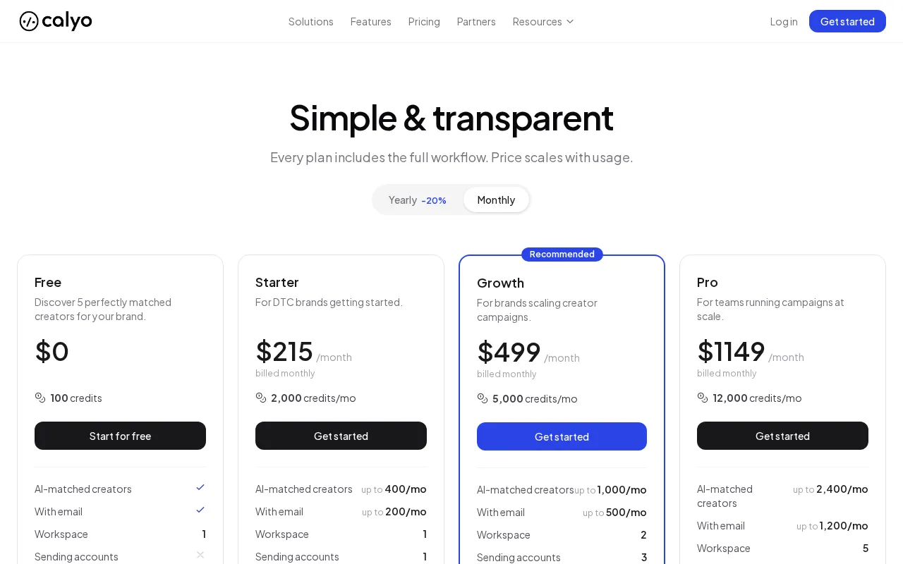 Calyo — pricing page