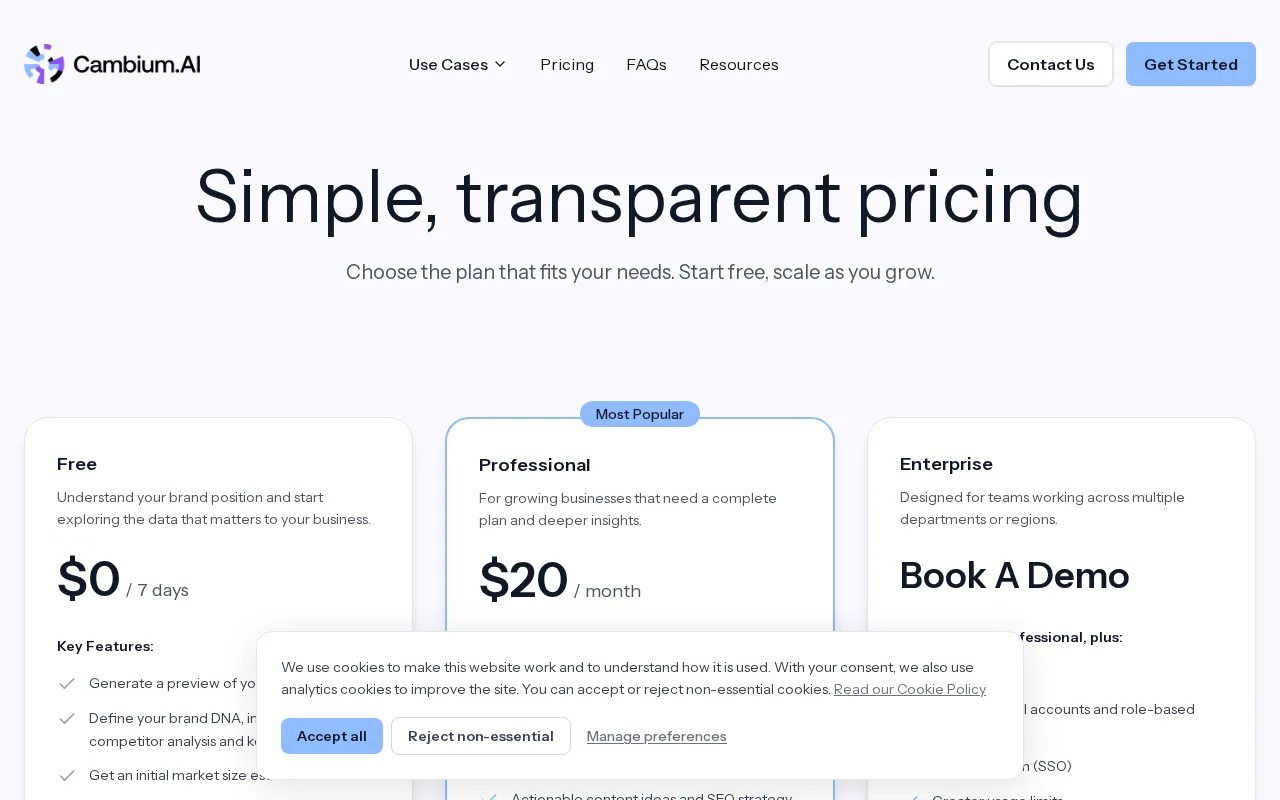 Cambium AI — pricing page
