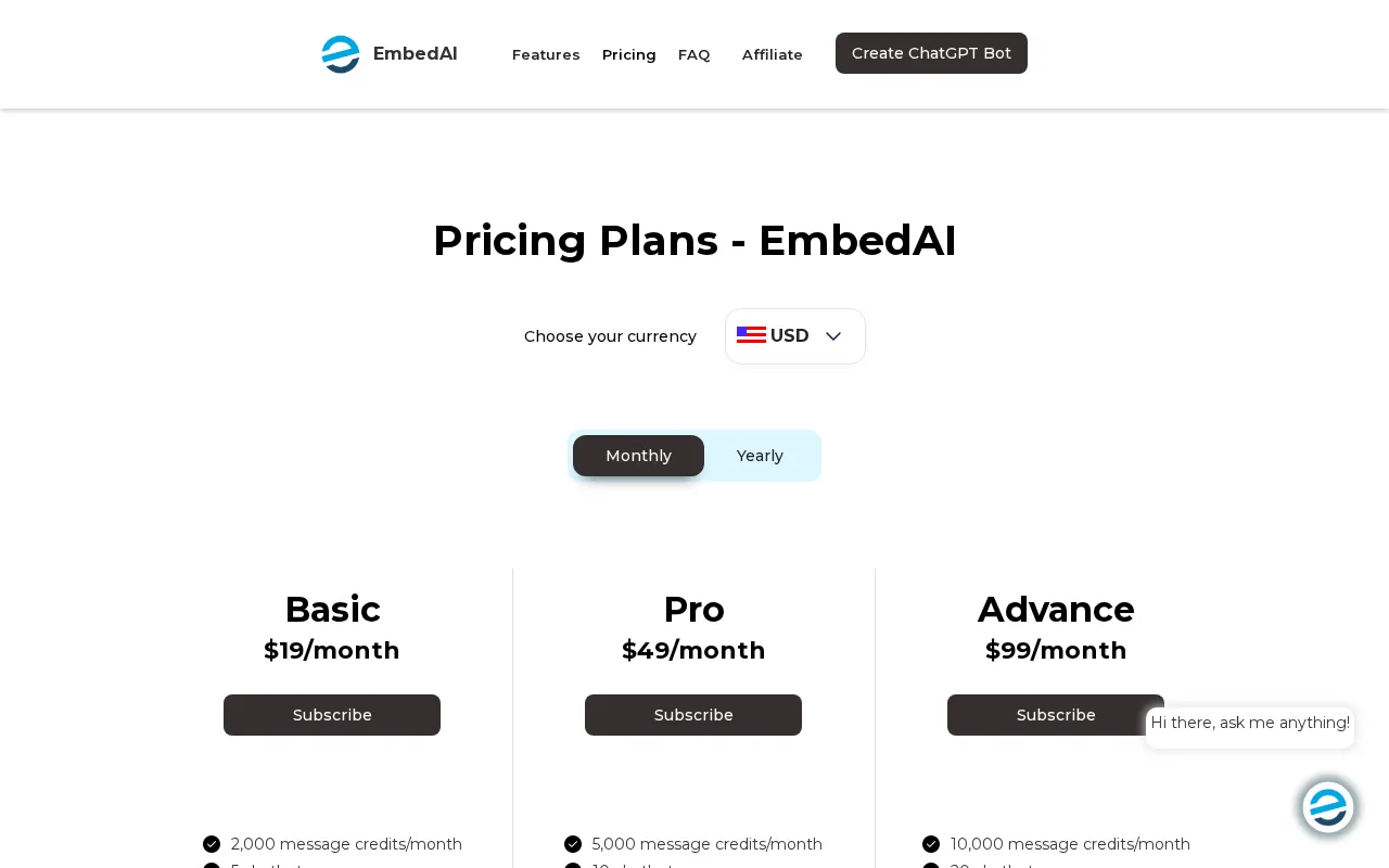 EmbedAI — pricing page
