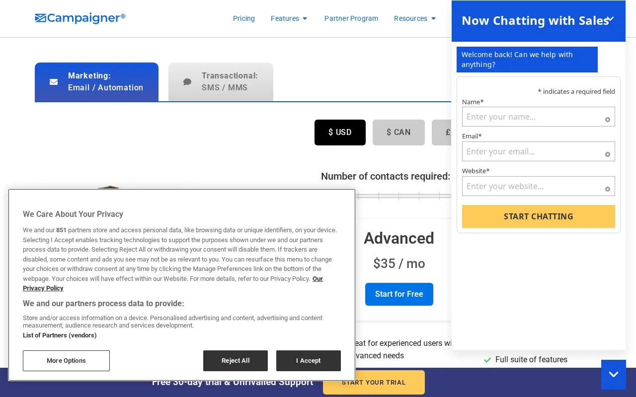 Campaigner — pricing page