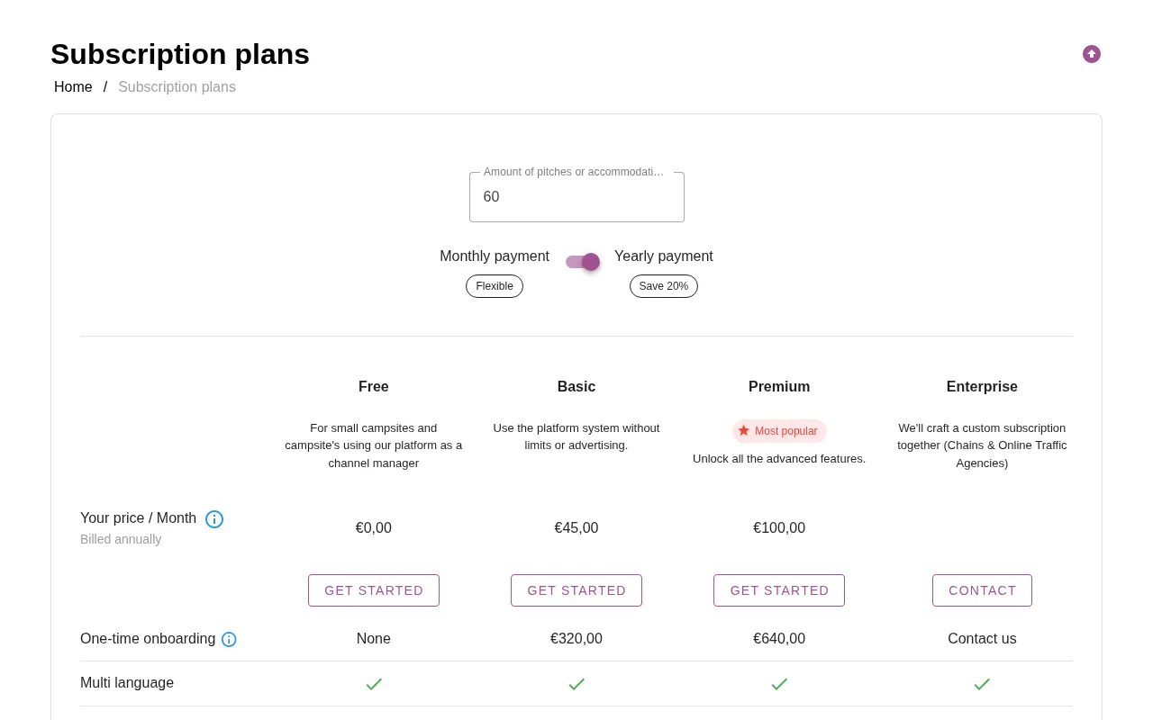 Camping — pricing page